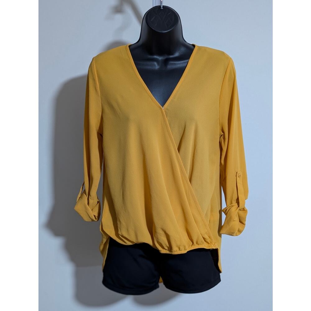 Active USA Mustard Yellow Top Surplice Wrap Blouse Long Button Tab Sleeve Small